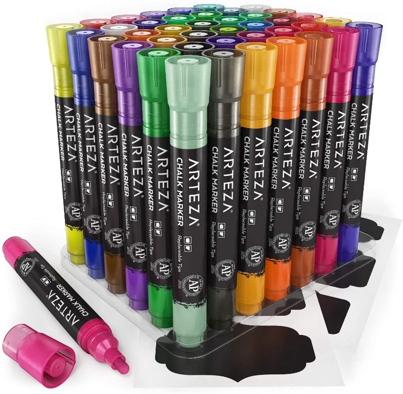 Photo 1 of Arteza Liquid Chalk Markers, Water-Based 42-Color Pack with 50 Chalkboard Labels and Replaceable Tips for Adults, Bistros & Restaurants
