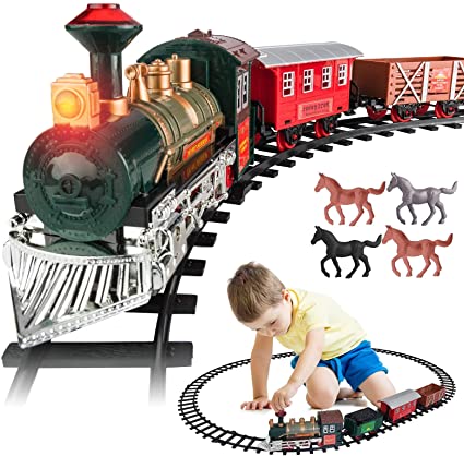 Photo 1 of Train Set - Electric Train Toy for Boys Girls w/ Lights & Sound, Railway Kits w/ Steam Locomotive Engine, Cargo Cars, 4 Horses & Tracks, for 3 4 5 6 7 8+ Year Old Kids
