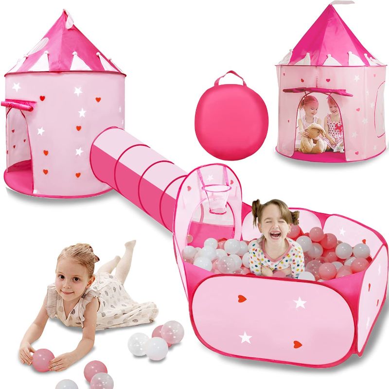 Photo 1 of VOJUEAR 3pc Kids Play Tent for Girls with Ball Pit, Crawl Tunnel, Princess Tents for Toddlers, Gift for Girls Indoor & Outdoor Play (Pink)
