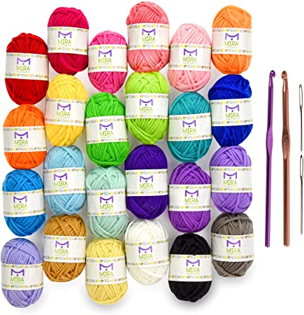 Photo 1 of 24 Acrylic Yarn Skeins | Total of 525 Yards Craft Yarn for Knitting and Crochet | Includes 2 Crochet Hooks, 2 Weaving Needles, 7 E-Books | DK Yarn | Perfect Beginner Kit | by Mira Handcrafts
