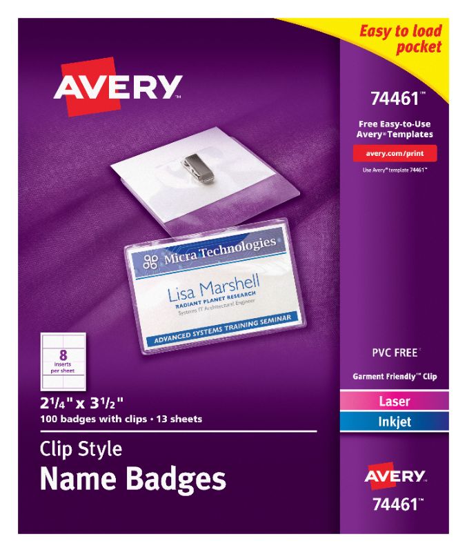Photo 1 of Avery Clip Style Name Badges, Top Loading, Rectangle, 74461, 2 1/4" X 3 1/2", White, Box of 100

