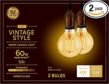 Photo 1 of GE Vintage Style LED Globe Light Bulbs, 5.5 Watts (60 Watt Equivalent) Warm Candle Light, Amber Glass, Medium Base, Dimmable (2 Pack)
