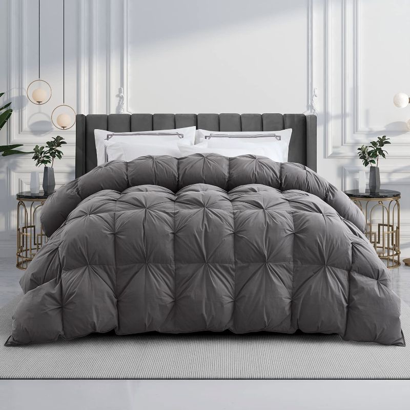 Photo 1 of WENERSI Feather Down Comforter King, Beautiful Pinch Pleat Duvet Insert, 100% Cotton Fabric, All Season King Comforter(Grey, 106x90inches)
