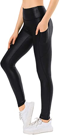 Photo 1 of Retro Gong Womens Faux Leather Leggings Pants Stretch High Waisted Yoga Pants with Pockets, Medium 