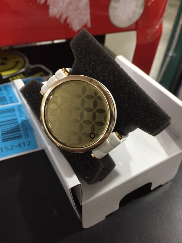 Photo 4 of Garmin Lily, Small GPS Smartwatch with Touchscreen and Patterned Lens, Light Gold with White Leather Band 