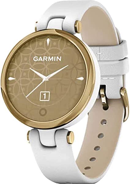 Photo 1 of Garmin Lily, Small GPS Smartwatch with Touchscreen and Patterned Lens, Light Gold with White Leather Band 