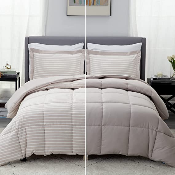 Photo 1 of Bedsure Comforter Set - 3 Piece Reversible Percale Stripes Down Alternative Box Stitching Duvet Insert with 8 Corner Tabs - All Season Bed Set with 2 Pillow Shams (Striped- Khaki, Queen)
