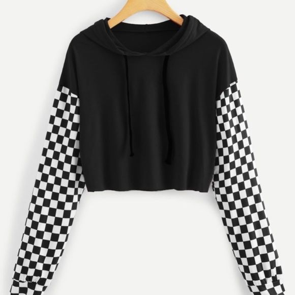 Photo 1 of Women's Checkered Sleeve Raw Hem Hooded Tee, Medium