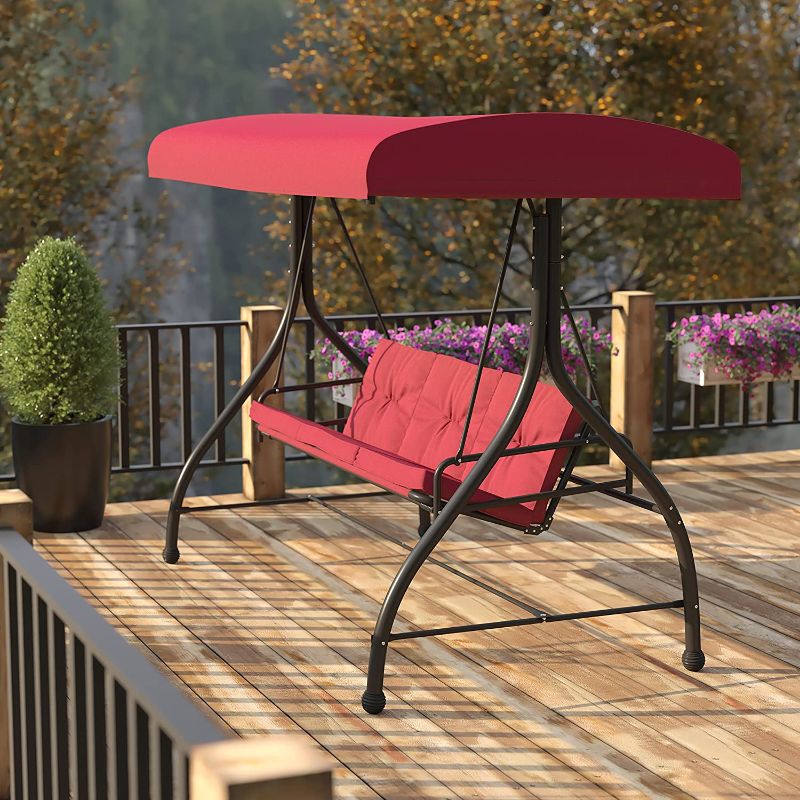 Photo 1 of Flash Furniture 3-Seat Outdoor Steel Converting Patio Swing Canopy Hammock with Cushions / Outdoor Swing Bed (Maroon)
