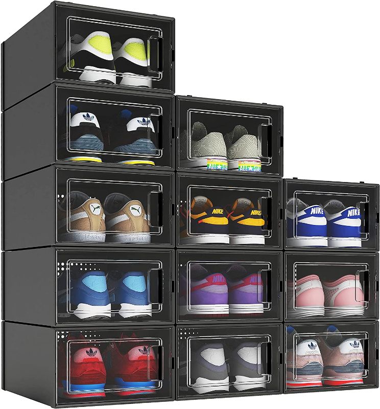 Photo 1 of 12 Pack Shoe Organizer Boxes, Black Plastic Stackable Shoe Storage Bins For Closet, Space Saving Shoe Holder Sneaker Display Case
