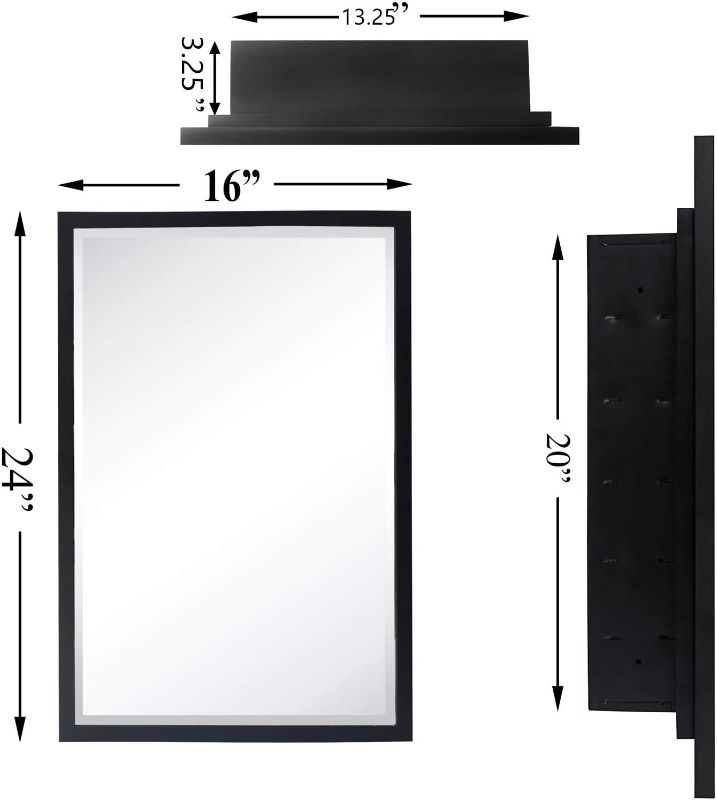 Photo 1 of Black Metal Framed Recessed Bathroom Medicine Cabinet with Mirror Rectangle Beveled Vanity Mirrors for Wall 16 x 24 inches
