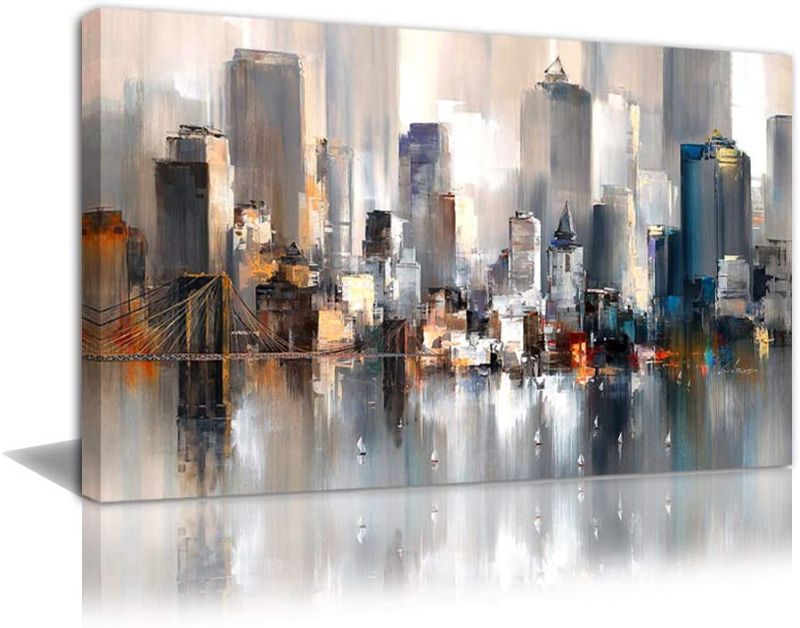Photo 1 of Abstract Cityscape Picture Brown Decor Wall Art Canvas Framed Print City Landscape Paintings for Office Living Room Gray Walls Decoration Size 24x36 inch
