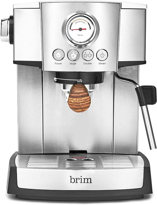 Photo 1 of brim 15 Bar Espresso Machine, Cappuccino, Americano, Latte and Espresso Maker, Milk Steamer and Frother, Removable Parts for Easy Cleaning, Stainless Steel/Wood Accents, wood finish handle (50030)
