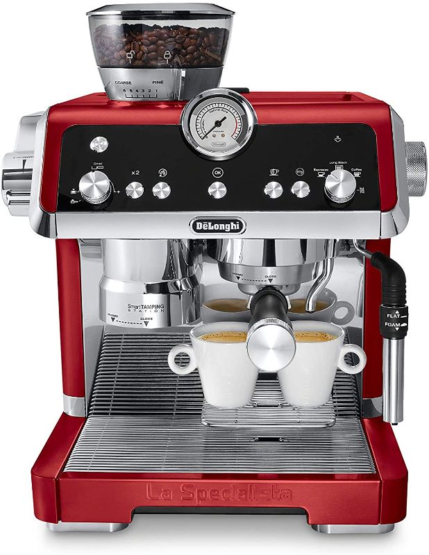 Photo 1 of De'Longhi EC9335R La Specialista Espresso Machine with Sensor Grinder, Dual Heating System, Advanced Latte System & Hot Water Spout for Americano Coffee or Tea, Stainless Steel, Red
