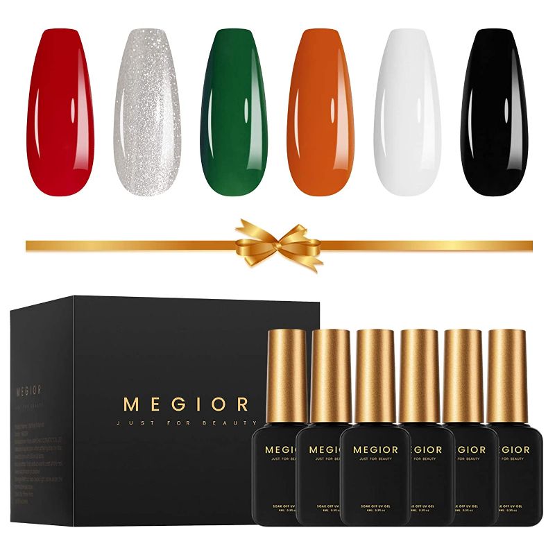 Photo 1 of MEGIOR Gel Nail Polish Set, Classic Black White Glitter Series Gel Nail Polish Kit with 6 Colors, Spring Summer Gel Polish Suitable for Valentine's Day, Nail Salon, Nails Art, DIY at Home, Gel Nail Polish with Gifts Box for Girlfriend and Wife Holiday Pre