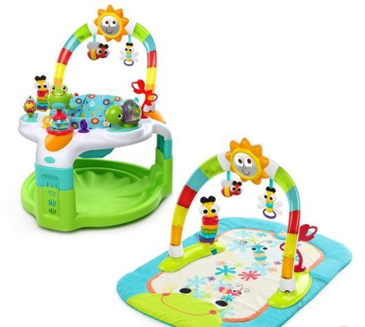 Photo 1 of Bright Starts 2-in-1 Laugh & Lights Floor Activity Play Gym & Saucer Bounce Chair w/ Colorful Light Show, Music, and Toy Bar for Babies

