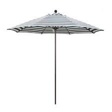 Photo 1 of 9 ft. Bronze Aluminum Commercial Market Patio Umbrella with Fiberglass Ribs Push Lift in Navy White Cabana Stripe Olefin
