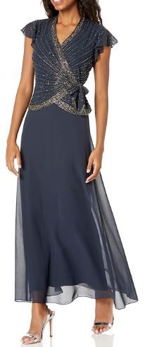 Photo 1 of J Kara Womens Petite Short Flutter Sleeve V-Neck Long Beaded Gown--- size 6 p
