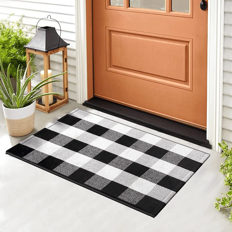 Photo 1 of Black and White Buffalo Plaid Rug - 24x36'' + Upgraded Anti-Slip Mat - Cotton Buffalo Plaid Rug for Outdoor/Indoor Use - Washable Front Door Mat for Front Porch, Kitchen, Farmhouse Entryway
