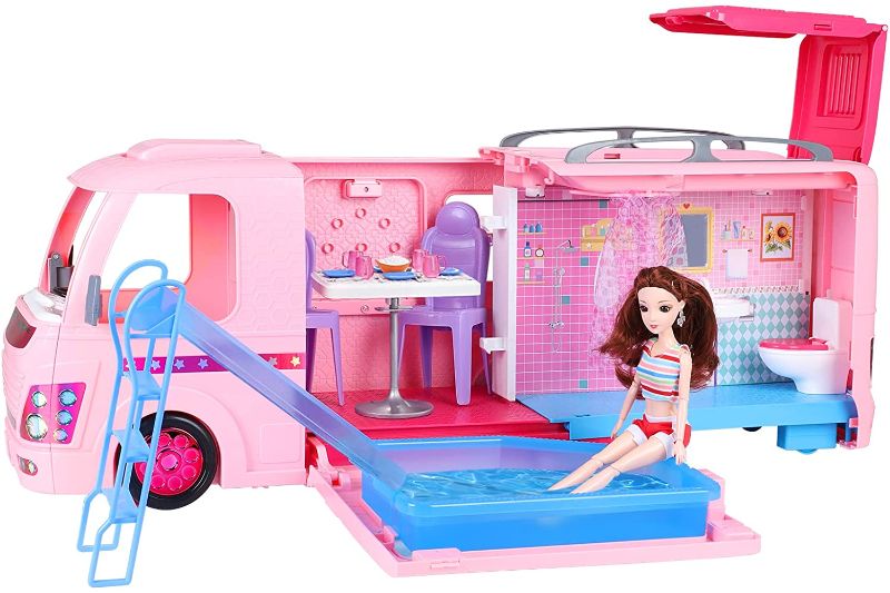 Photo 1 of SUPER JOY Dolls Camper Playset with Pool - 50 Pieces Doll Furniture Playset with Kitchen, Swimming Pool, Bathroom | Pretend Play Toys Doll Car Dream Camper Gift for Girls (Dolls Not Included)
