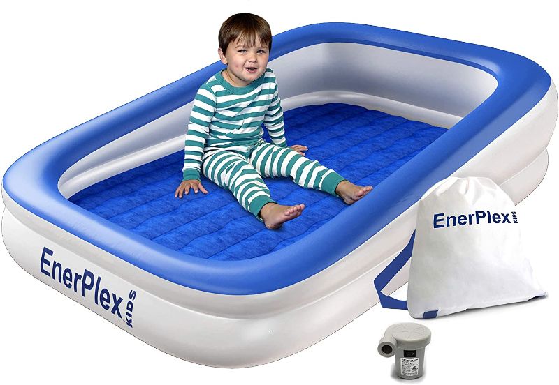 Photo 1 of EnerPlex Kids Inflatable Travel Bed with High Speed Pump, Portable Air Mattress for Kids on The Go, Blow up Toddler Travel Bed with Sides – Built-in Safety Bumper - Blue
