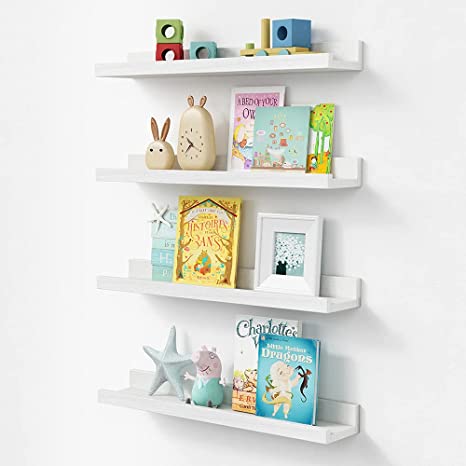 Photo 1 of Forbena Nursery Floating Shelves for Wall, 23 Inch Long Nursery Book Shelves Set of 4, Rustic Wood Picture Ledge Shelf for Bedroom, Bathroom, Living Room, Photo Frames, Office Decor (White)
