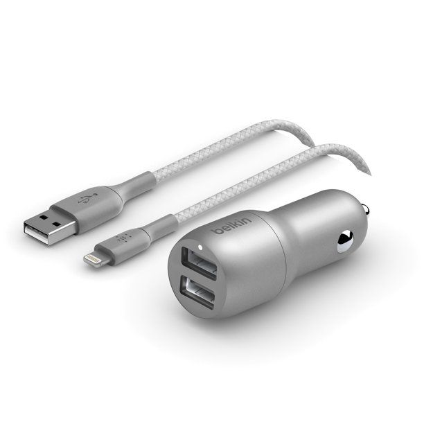 Photo 1 of Belkin 24W Dual-Port USB-A Car Charger + 5ft. Lightning to USB-A Cable, Silver
