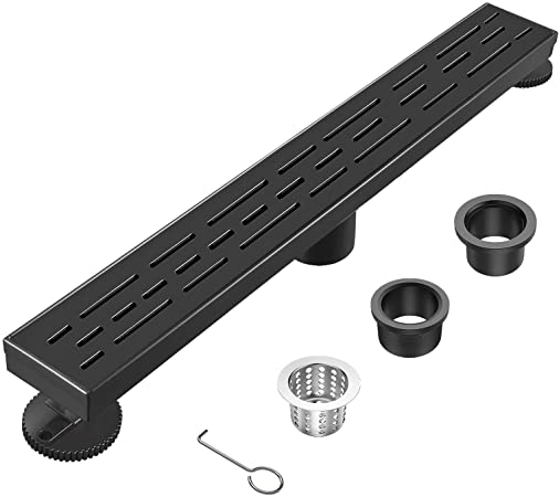 Photo 1 of BARONAGE 24 Inch Linear Shower Drain - Rectangular Bathroom Shower Floor Drain with Brickwork Pattern Grate, AISI 304 Included Adjustable Feet Threaded Adapter Hair Strainer Matte Black CUPC Certified
