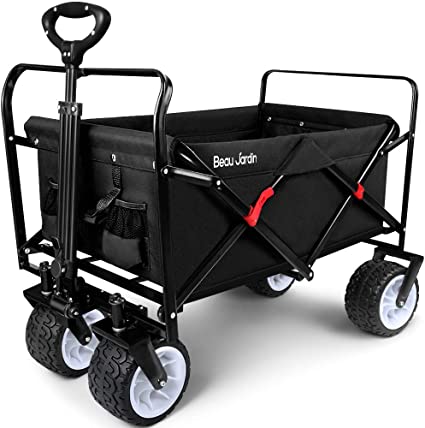 Photo 1 of BEAU JARDIN Folding Beach Wagon Cart 300 Pound Capacity Collapsible Utility Camping Grocery Canvas Portable Rolling Outdoor Garden Sports Heavy Duty Shopping Wide All Terrain Wheel Black BG219
