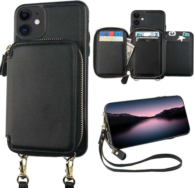 Photo 1 of Bocasal RFID Blocking Wallet Case for iPhone 11, Adjustable Crossbody Zipper Purse Case Card Holder with Kickstand Detachable Wrist Strap, PU Leather Flip Folio Case 6.1 Inch (Black)
