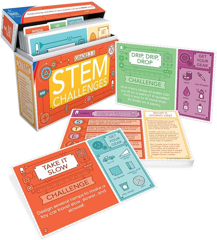 Photo 1 of Carson Dellosa STEM Challenges Learning Cards—Grades 2-5 Activity Cards and Divider, Physical, Life, Space and Earth Science, Hands-On STEM Activities (31 pc)
