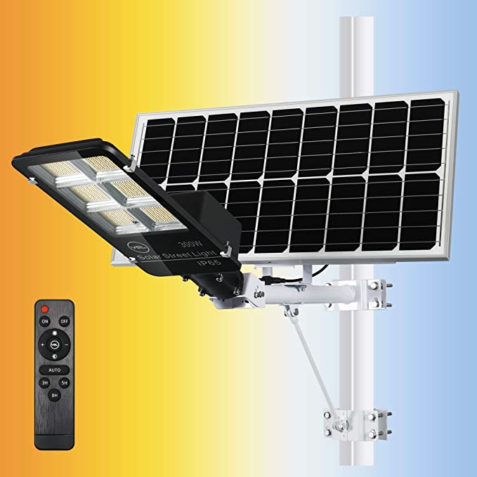 Photo 1 of YQL Solar Street Flood Light Powered Outdoor LED 300W with Adjust Color Temperature Warm Natural White Daylight Remote Control ip65 Waterproof Dawn to Dusk Security Floodlight for Patio Pathway Garden 300 watt

