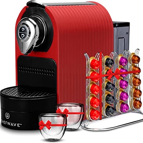 Photo 1 of ChefWave Espresso Machine & Coffee Maker Compatible w/Nespresso Original Capsules (Red) - Programmable, One-Touch, Premium, Italian, 20 Bar High Pressure Pump with Pod Holder and Double-Wall Glasses
