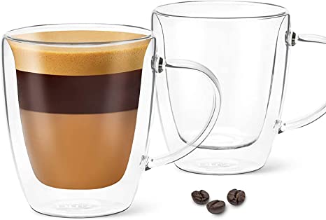 Photo 1 of DLux Lungo 5.4oz Coffee Cups Double Wall, Clear Glass set of 2 Glasses with Handles, Insulated Borosilicate Glassware Tea Cup
