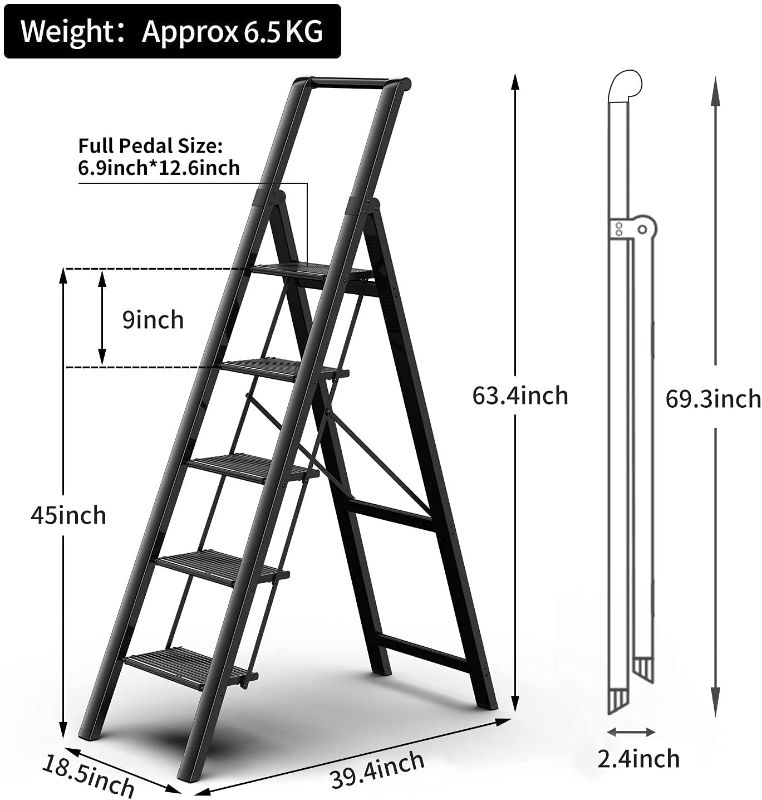 Photo 4 of 5 Steps Lightweight Aluminum Ladder Folding Step Stool Stepladders with Anti-Slip and Wide Pedal for Home and Kitchen Use Space Saving (Black)
