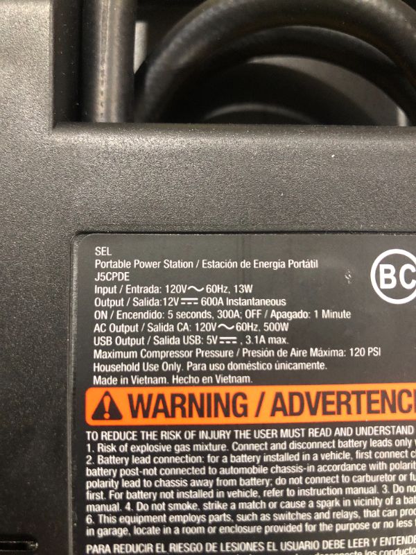 Photo 2 of EverStart Maxx J5CPDE Jump Starter, Power Station, 1200 Peak Battery Amps with 500W Inverter and 120 PSI Compressor
