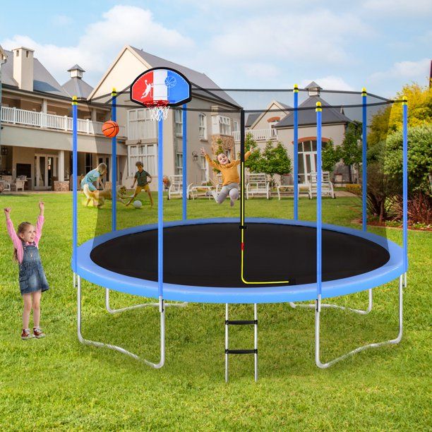 Photo 1 of Balleen.E 14Ft Trampoline For Kids With Safety Enclosure Net, Basketball Hoop And Ladder, Easy Assembly Round Outdoor Recreational Trampoline