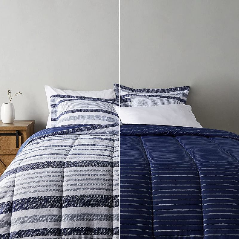 Photo 1 of Amazon Basics Ultra-Soft Light-Weight Microfiber Reversible Comforter Twin/Twin XL Blue Denim/Beige Stripes