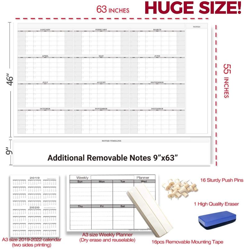 Photo 2 of Jumbo Dry Erase Yearly Whiteboard Wall Calendar, 55" x 63", Huge 12 Month Laminated Erasable White Board