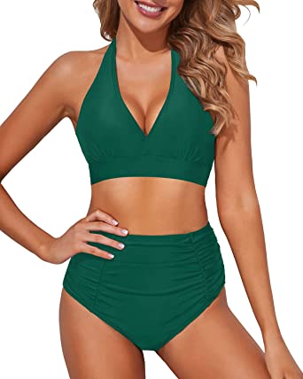 Photo 2 of Tempt Me Women Two Piece High Waisted Bikini Set Dark Green [Size M]