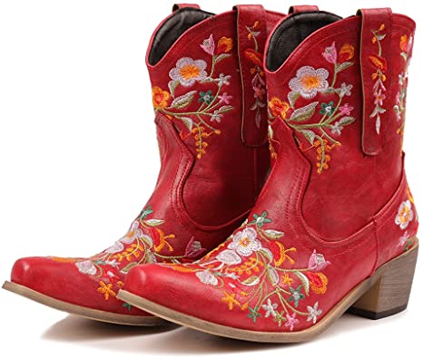 Photo 1 of heelchic Women Vintage Flower Embroidered Cowgirl Boots Retro Short Western Ankle Boots [Size 38]