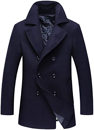 Photo 1 of chouyatou Men's Classic Notched Collar Double Breasted Wool Blend Pea Coat-- Navy [Size L]