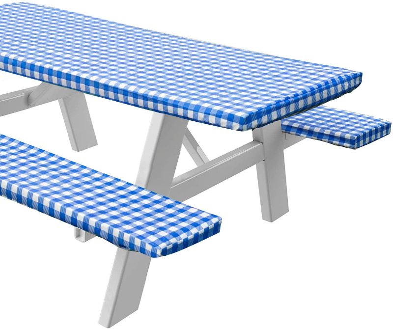 Photo 1 of 
Sorfey Vinyl Picnic Table and Bench Fitted Tablecloth Cover, Checkered Design, Flannel Backed Lining, 28 x 72 Inch, 3-Piece Set, Blue