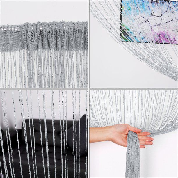 Photo 2 of [2 Pack] Dew Drop Glitter String Curtain Panel Wall Door Partition Room Divider (Silver Gray) 100x200cm