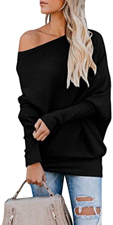 Photo 1 of IRISGOD Womens-Off-Shoulder-Sweater Batwing Sleeve Ribbed Knit Cashmere Pullover Tops [Size M]