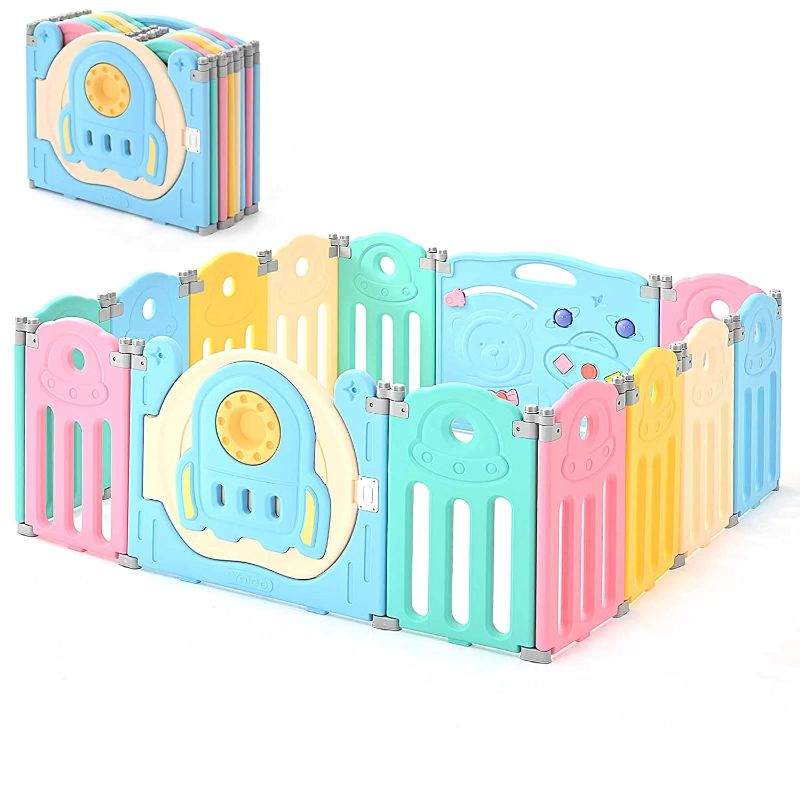 Photo 1 of Yoleo Baby Playpen 14 Panels Large Plastic Play Yard Fence for Toddlers Kids Safety Gate Foldable Indoor Outdoor Activities Centre (Colorful Themed 12+2 Playpen)
