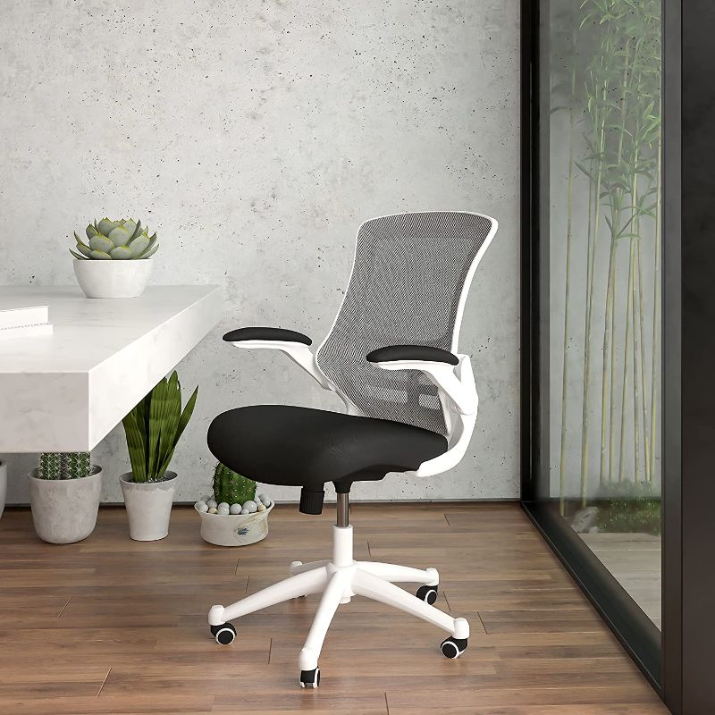 Photo 1 of Mid-Back Black Mesh Swivel Ergonomic Task Office Chair with White Frame and Flip-Up Arms