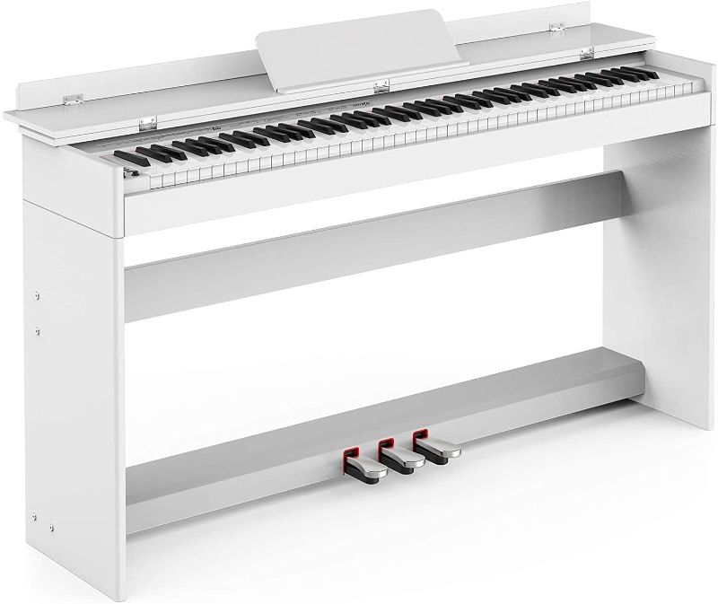 Photo 1 of 88-Key Weighted Digital Piano, Electric Upright Piano with 3-Pedal Unit Board, LCD Screen, Multi-Functional Full Size Keyboard and Power Adapter for Beginner/Adult (White(without Piano Bench))
