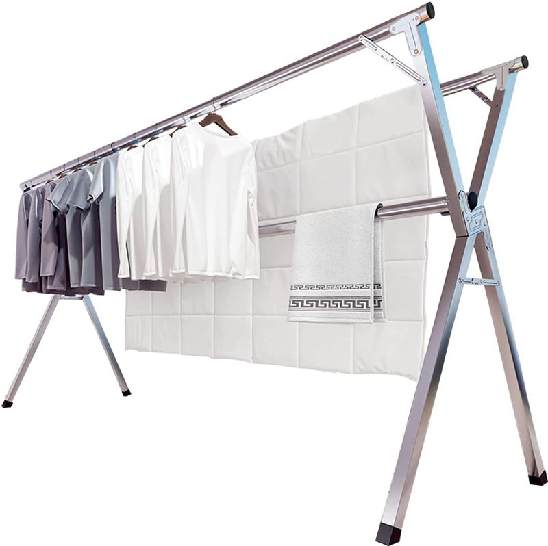 Photo 1 of JAUREE Clothes Drying Rack, 2M/79 Inches Stainless Steel Garment Rack Adjustable and Foldable Space Saving Laundry Drying Rack for Indoor Outdoor with Windproof Hooks
