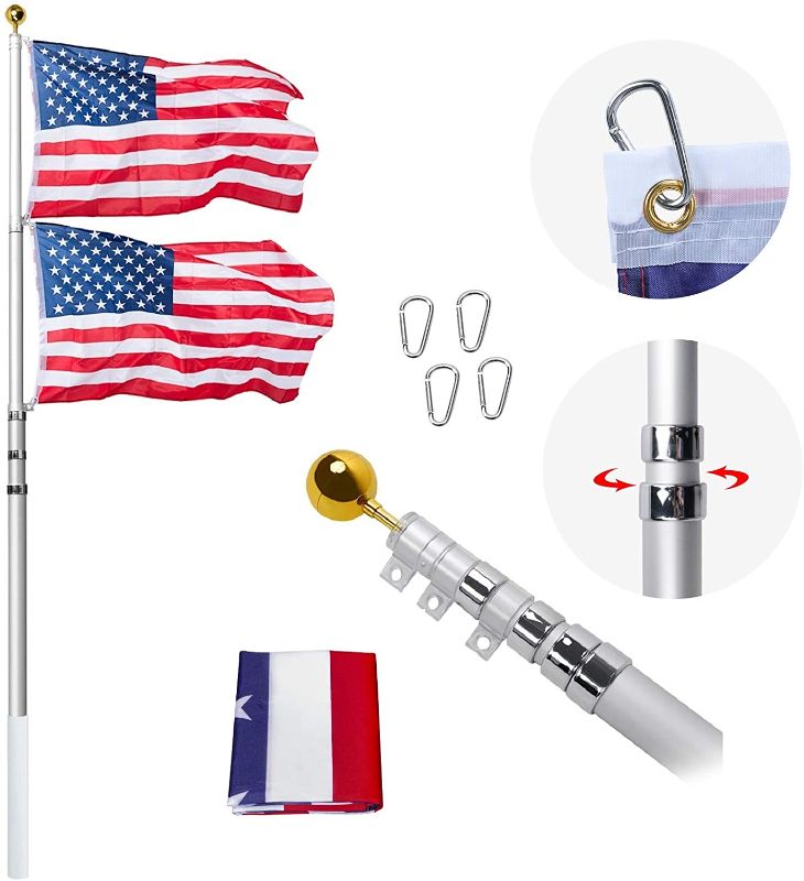 Photo 1 of 20FT Telescoping Flag Poles Kit, Portable 16 Gauge Aluminum In Ground American Flag Pole, Outdoor Heavy Duty Flagpole with 3x5 USA Flag for Commercial or Residential, Silver

